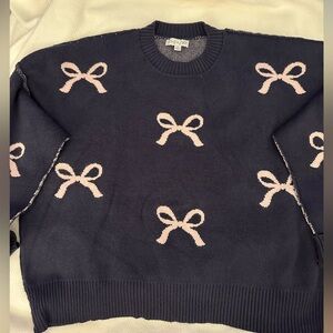 She + Sky Over-Sized Black Sweater with Pink Bow Accents Size Large